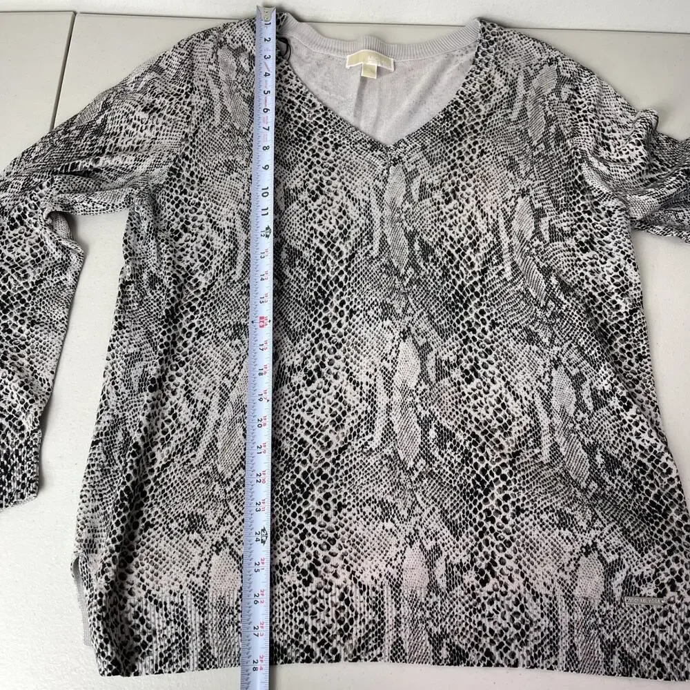 Michael Kors Snakeskin Print Tunic Knit Sweater Women's XL Beige Black V-Neck